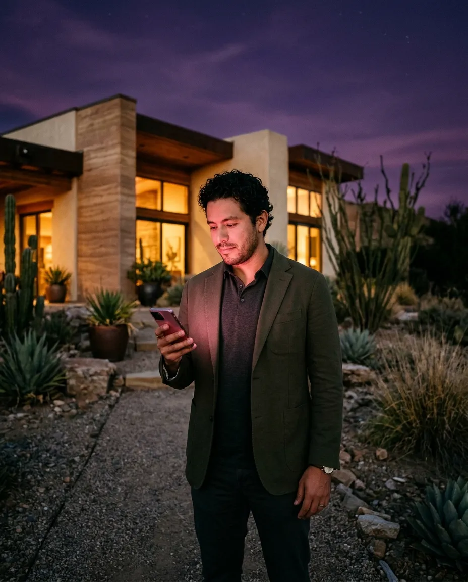 Asesor inmobiliario revisa su celular frente a una casa del desierto al atardecer