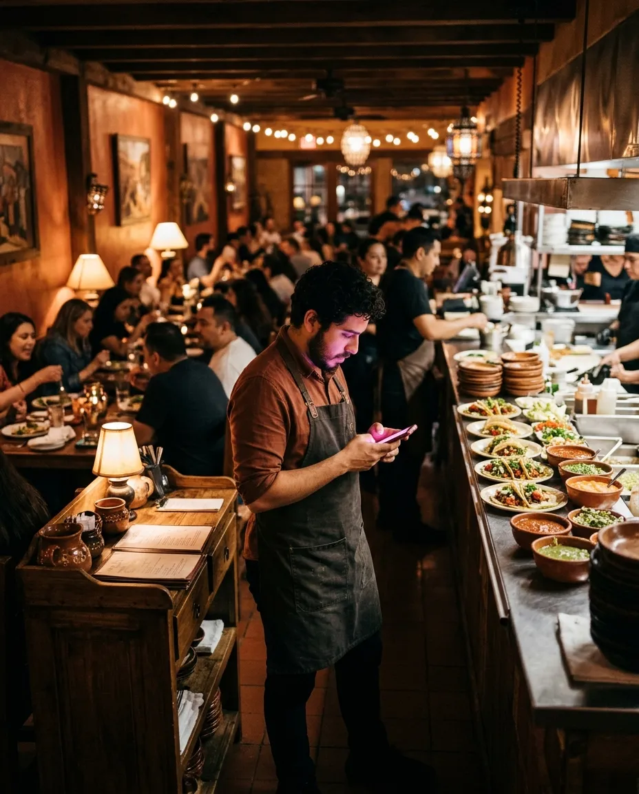 Encargado de un restaurante mexicano revisa su celular junto a la barra con tacos listos