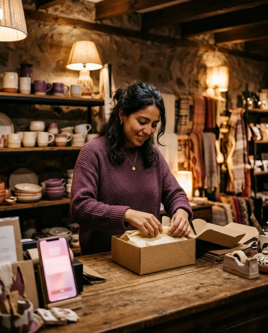 Dueña de una tienda empaca un pedido junto a su celular encendido