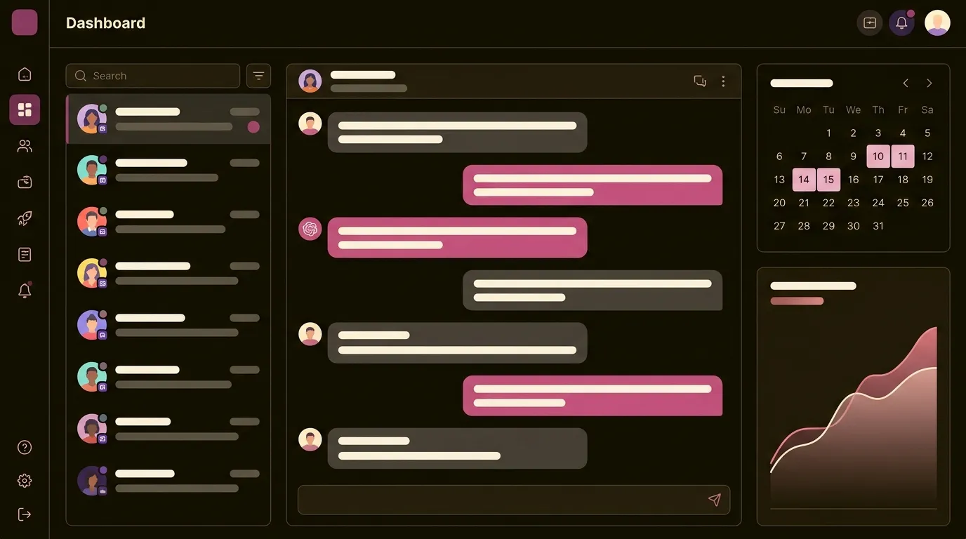 Panel de NavvyAI: bandeja de conversaciones, un chat atendido por la IA, el calendario y la gráfica de ventas