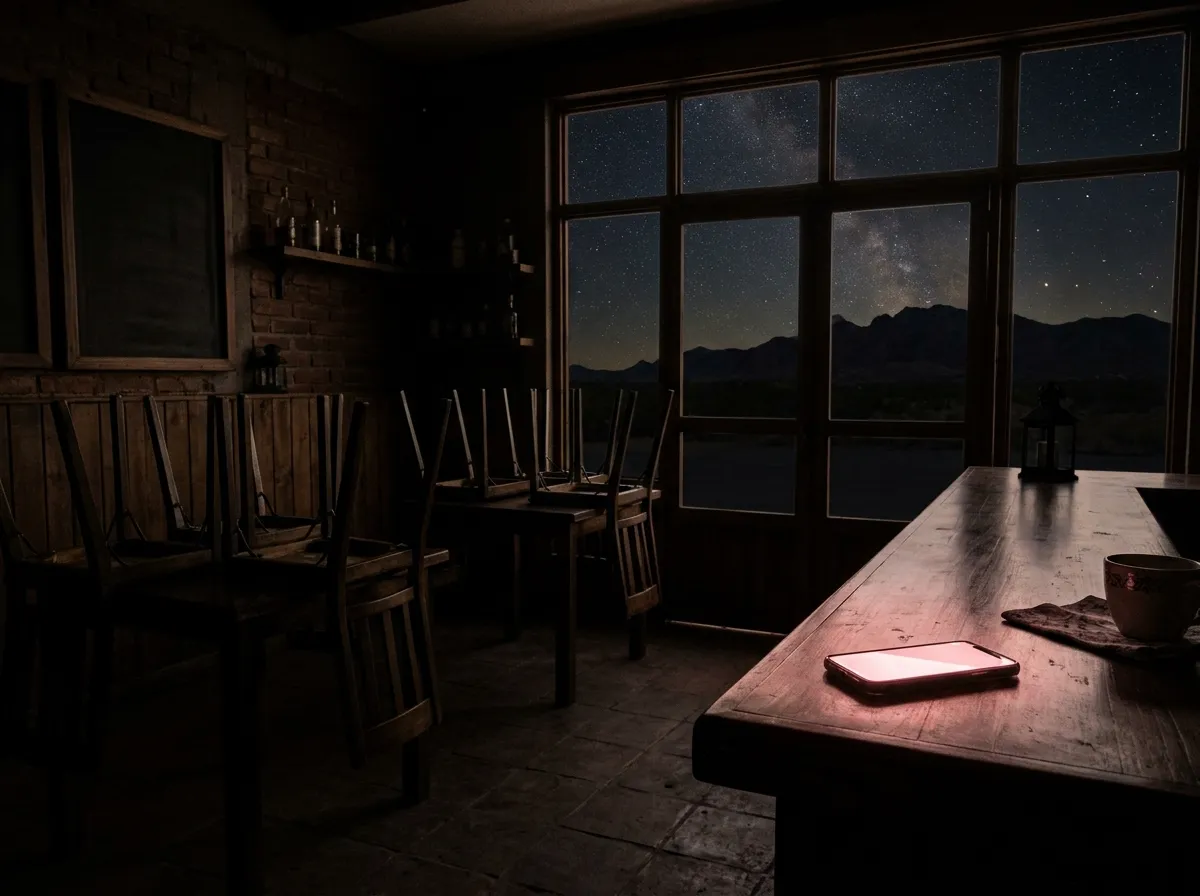 Café cerrado de noche con un celular encendido sobre la barra y el cielo del desierto en la ventana