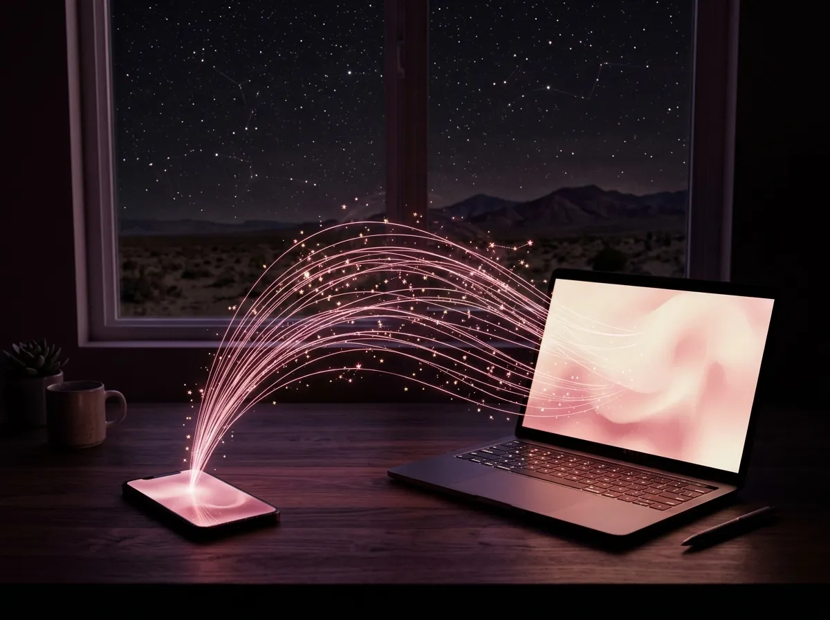 Un celular y una laptop unidos por hilos de luz rosa sobre un escritorio de noche