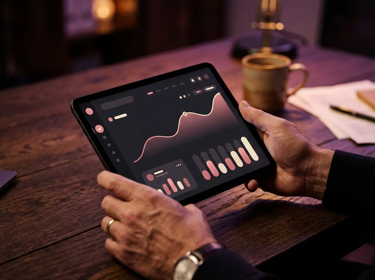 Manos sostienen una tableta con gráficas de resultados en rosa y crema