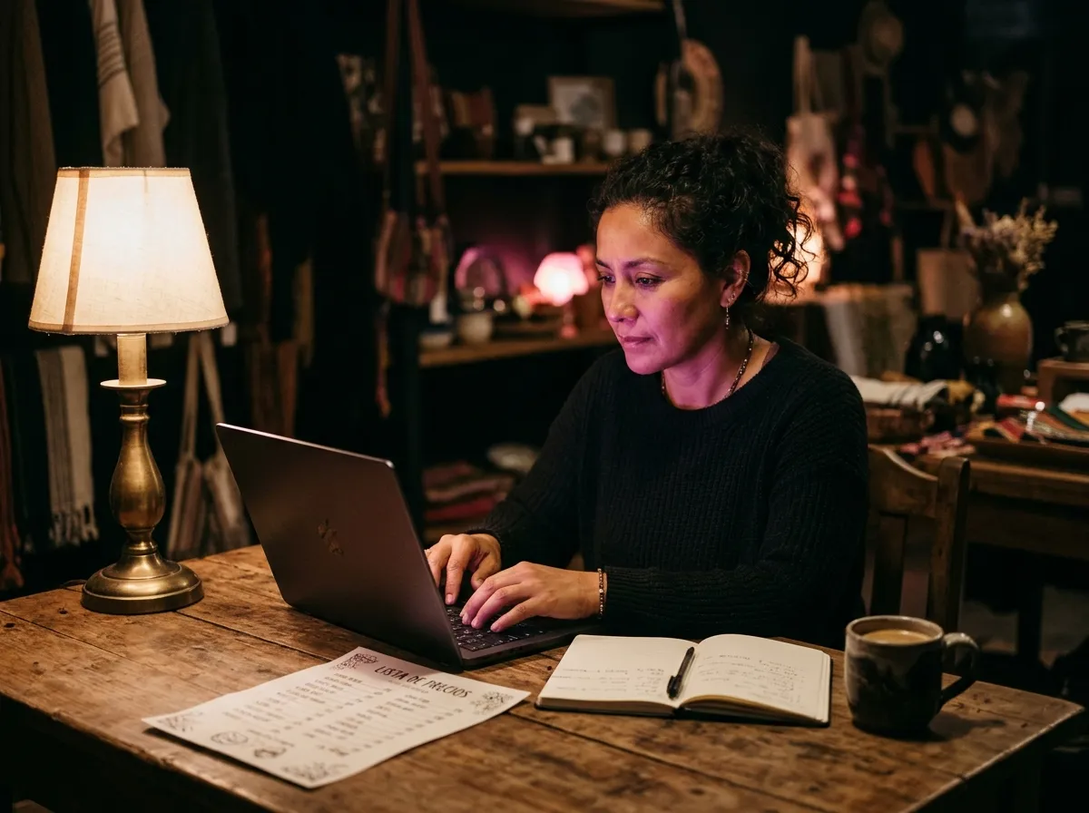Dueña de una tienda escribe en su laptop junto a su lista de precios